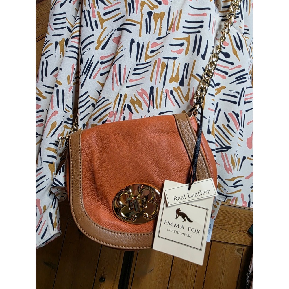 Emma Fox Orange Leather Crossbody Bag Gold Flower Turn Lock Saddle Bag New